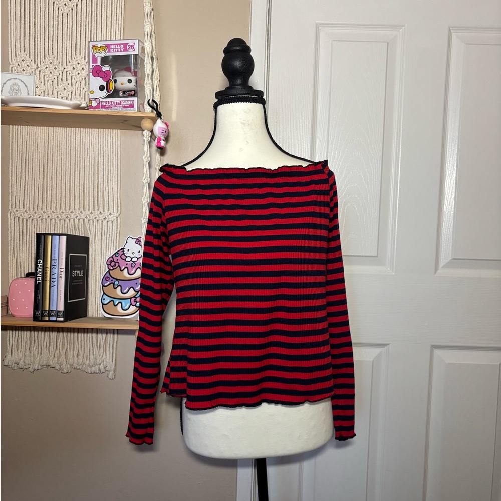 Red and Black Striped Off-Shoulder Top